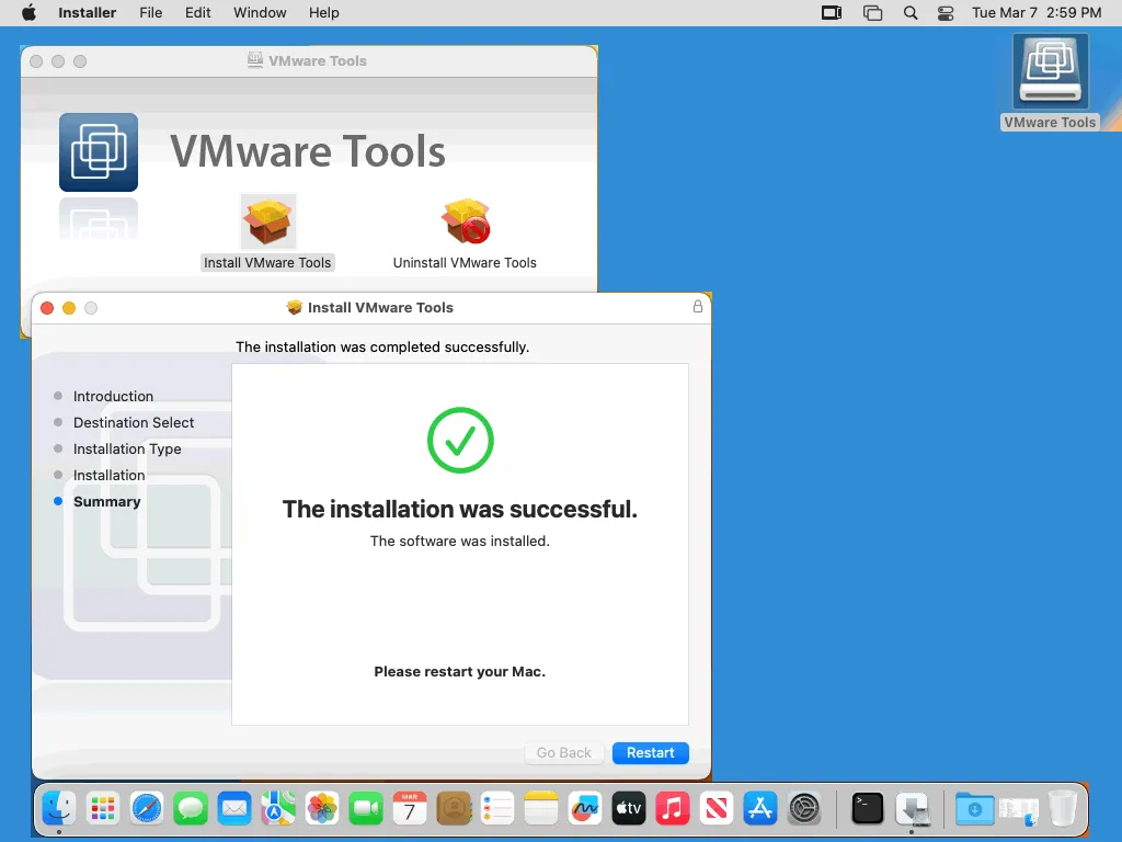installation of VMware Tools was successful