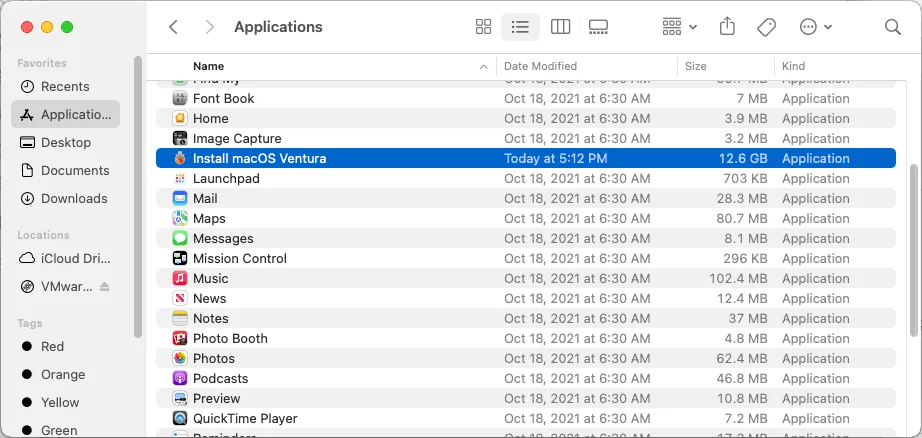 Locating the downloaded Install macOS Ventura app