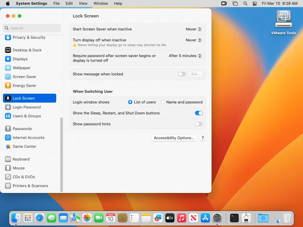 How to disable the lock screen and screen saver in macOS on VMware VMs