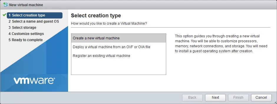 VMware ESXi - creating a new VM 