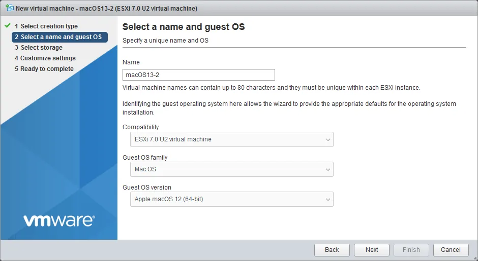 Creating a VM to install macOS on VMware ESXi