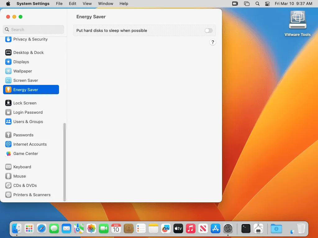 How to disable energy saving in macOS to optimize running macOS on a VMware VM