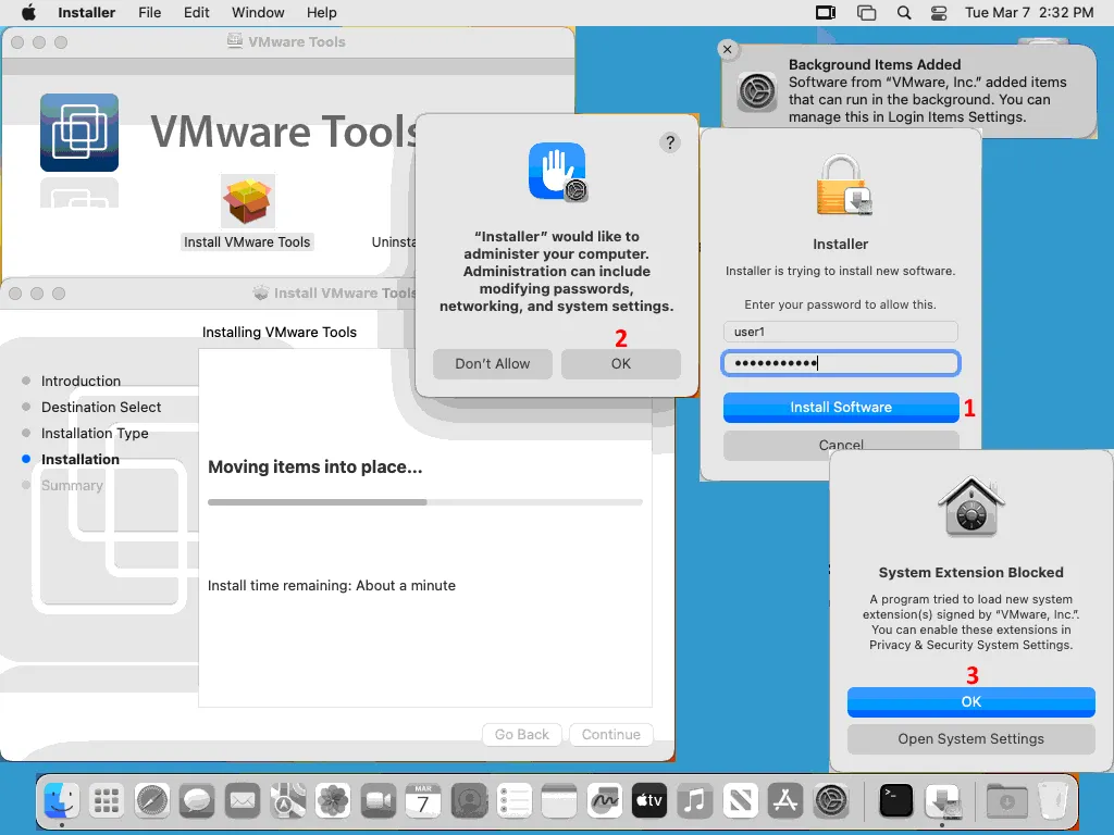 Installing VMware Tools on macOS and unblocking access for the installer