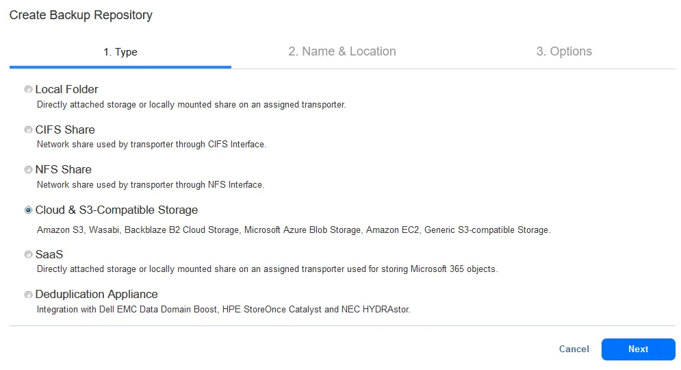 Select Cloud & S3-Compatible Storage type