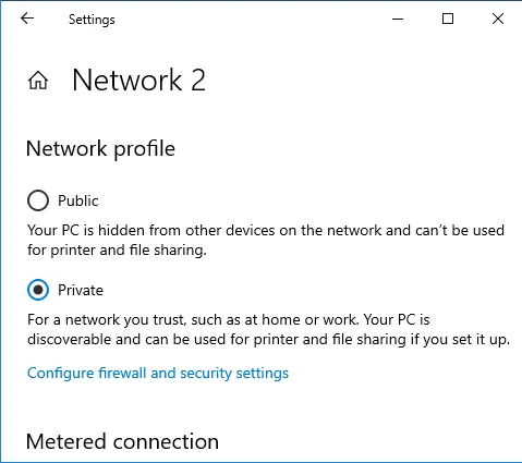 Selecting a private network profile for Windows