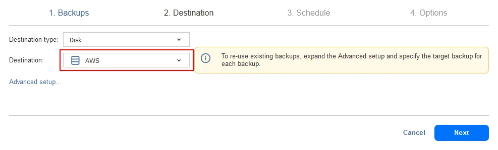Selecting AWS as the destination for hybrid cloud backup
