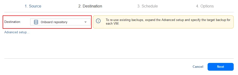Selecting the local backup repository destination