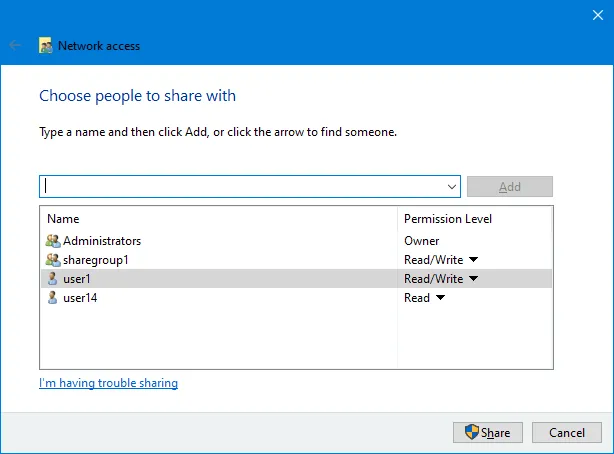 Simple sharing settings in Windows 10